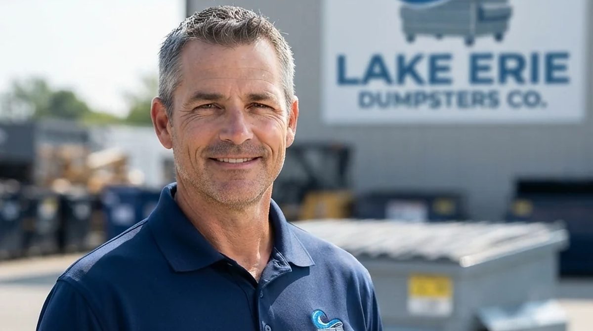 Randy of Lake Erie Dumpsters Co beside a container