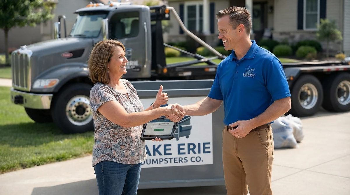 Lake Erie Dumpsters Co container delivered to a driveway in the Erie area