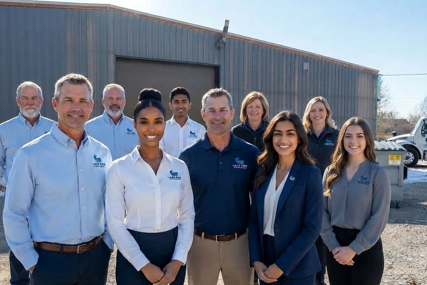 The Lake Erie Dumpsters Co team in front of the building