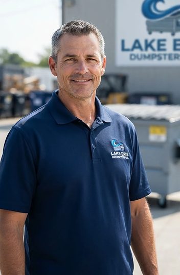 Randy, Lake Erie Dumpsters Co fleet supervisor, beside a container
